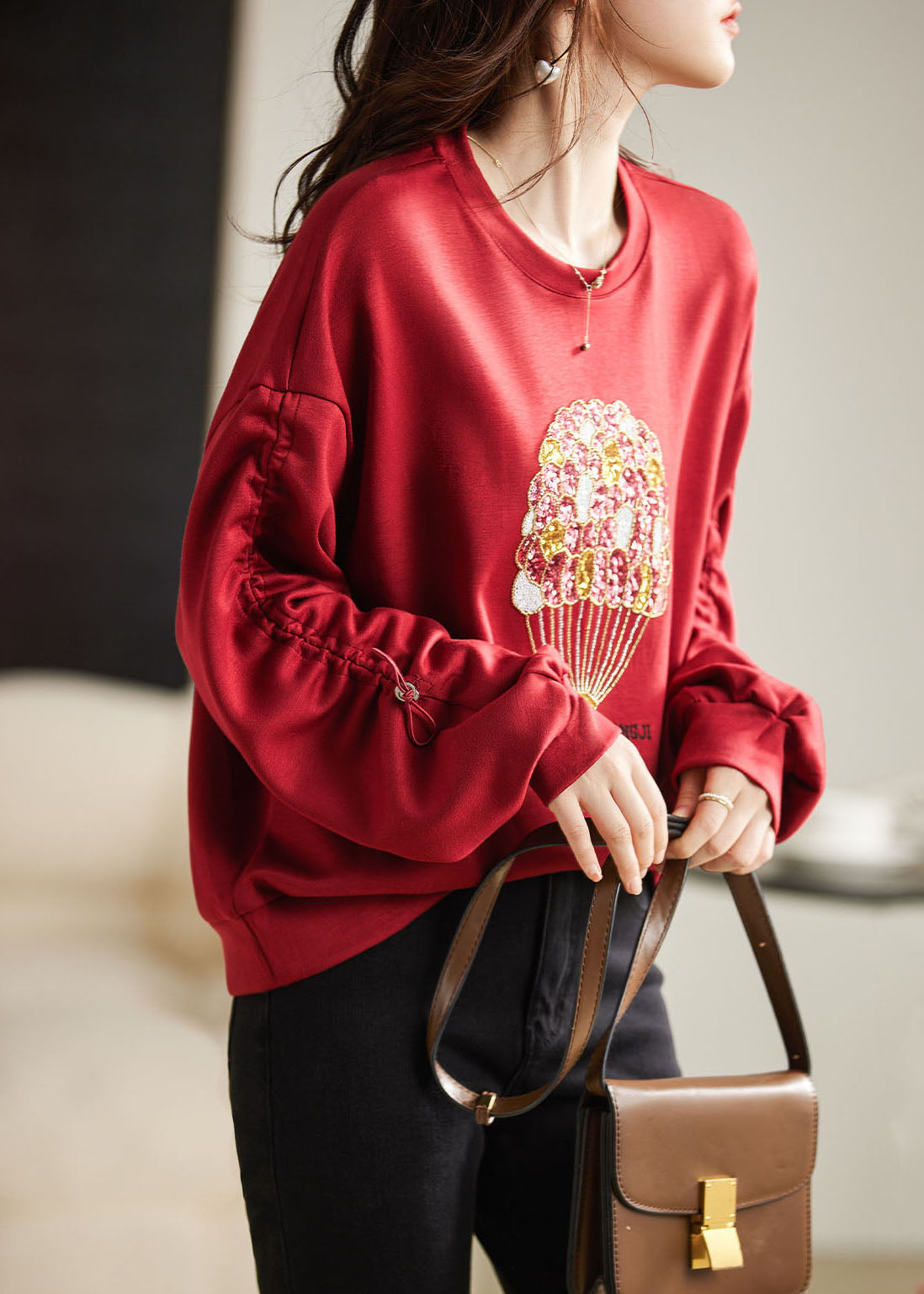 French Red O-neck Nail Bead Cozy Sweatshirt Fall
