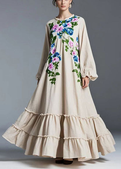 Natural Beige Ruffled Exra Large Hem Cotton Maxi Dresses Fall