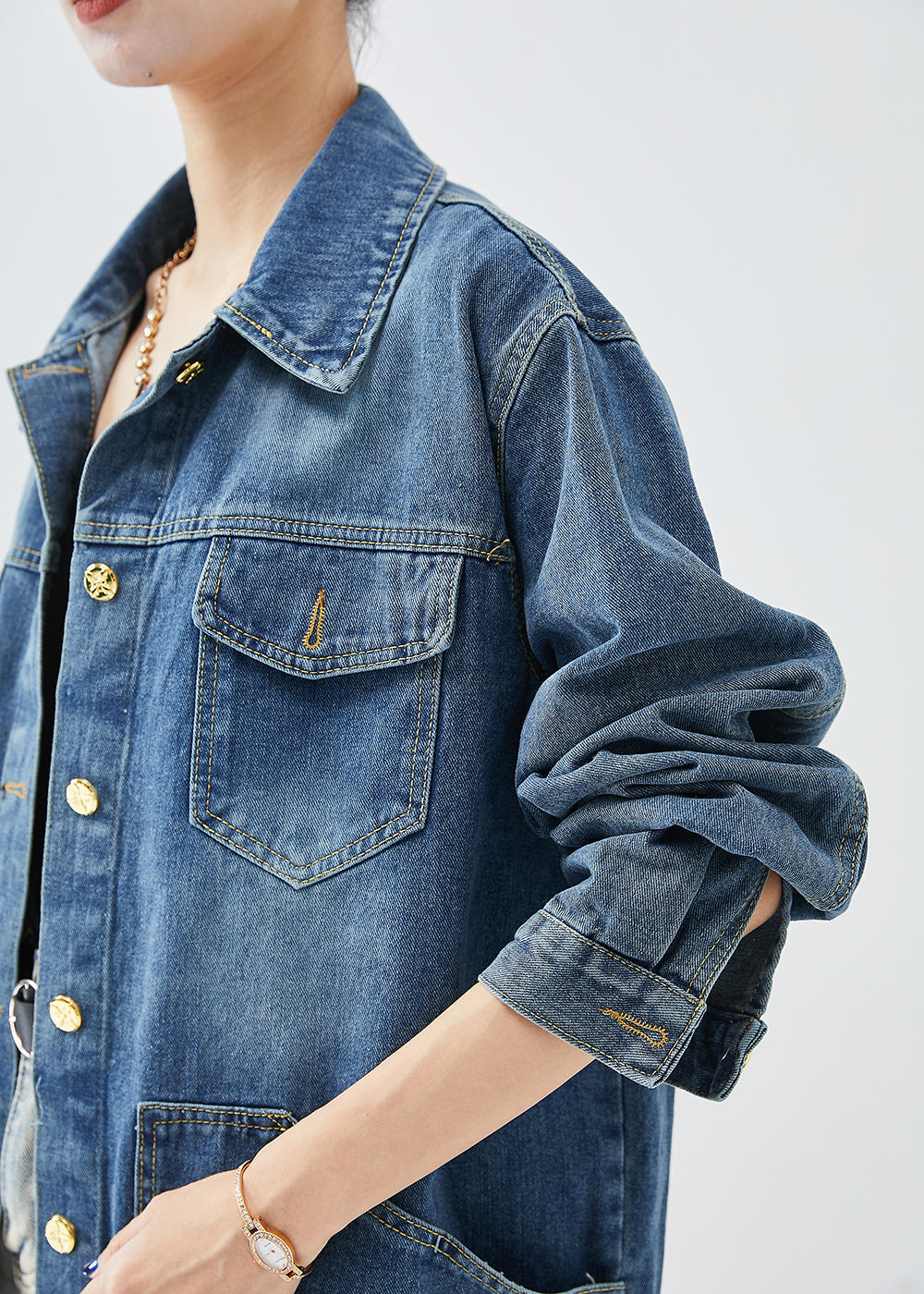 Blue Oversized Pockets Denim Coats Fall