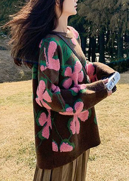 Loose Pink O Neck Thick Knit Sweater Spring