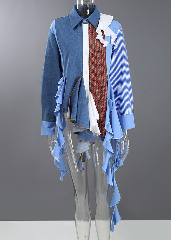 Unique Blue Asymmetrical Design Peter Pan Collar Patchwork Shirts Spring
