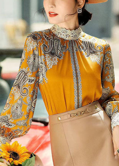 Yellow Stand Collar Embroideried Patchwork Print Chiffon Blouse Tops Long Sleeve