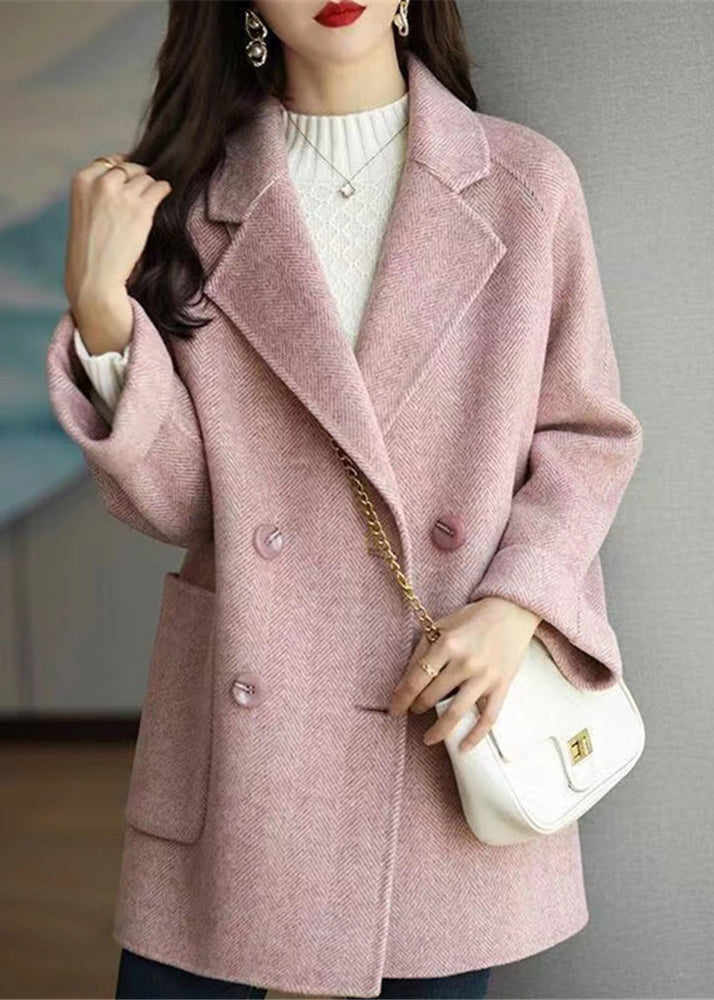 Pink Double Breast Pockets Patchwork Woolen Coats Winter