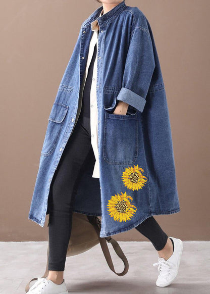 French Denim Blue Box Coat Shape Stand Collar Drawstring Coat