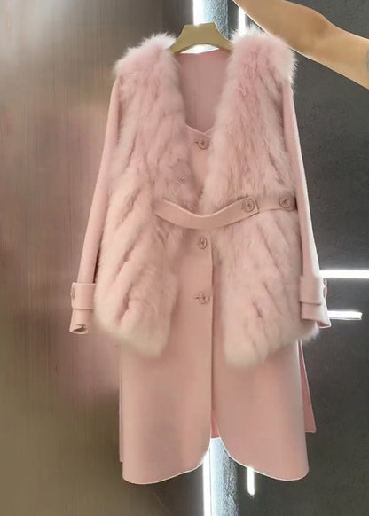 Italian Pink Fuzzy Fur Fluffy Waistcoat and Coat Woolen Sets 2 Pieces Winter