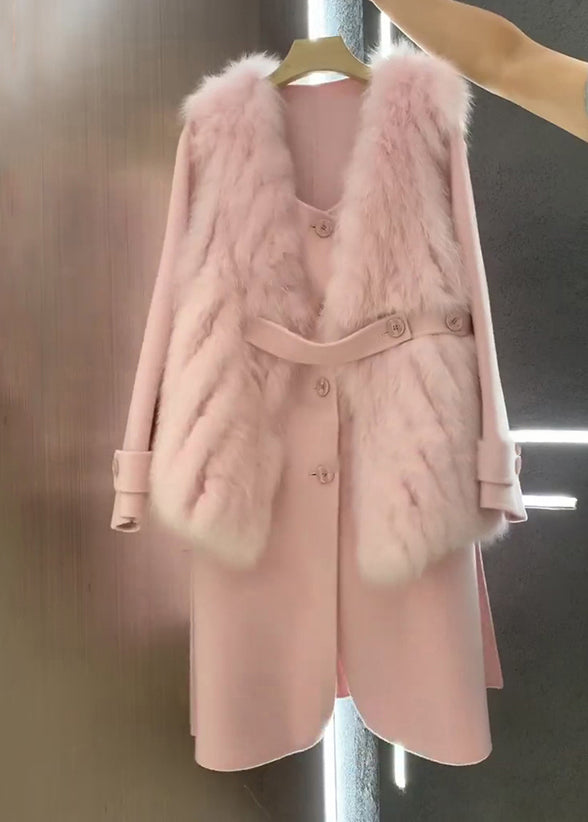 Italian Pink Fuzzy Fur Fluffy Waistcoat and Coat Woolen Sets 2 Pieces Winter