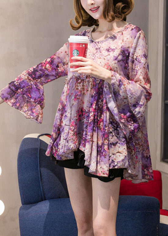 Boutique Purple O-neck Chiffon Tops Half Sleeve