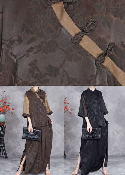 French Coffee Chinese Button Tops and Skirts Silk Two Pieces Set Summer