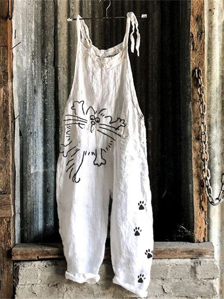 Comstylish Lazy Cat & Paw Prints Embroidered Linen Blend Jumpsuit