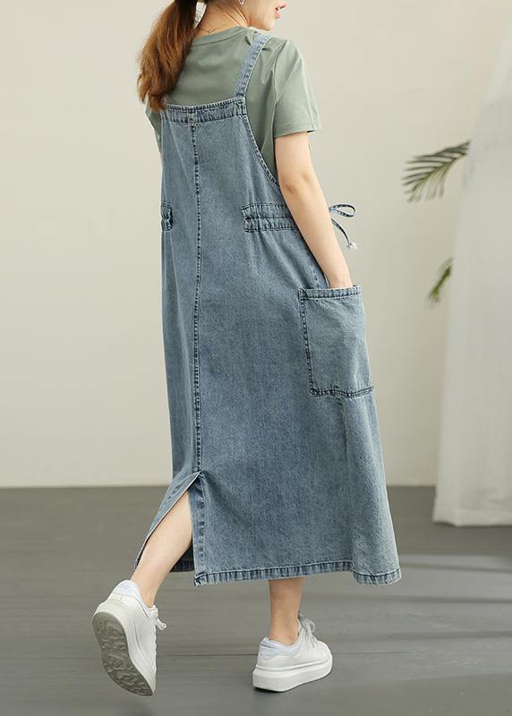 Simple Blue Summer Tie Waist Cotton Spaghetti Strap Dress