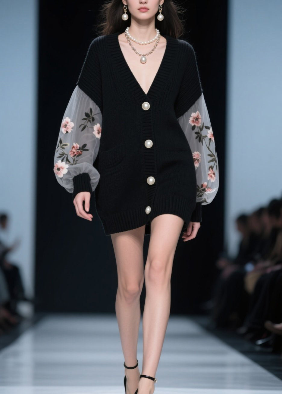Style Black Button Tulle Patchwork Knit Cardigan Fall