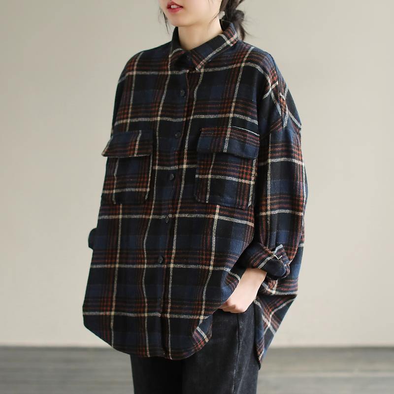 Navy Plaid Tunic Pattern Lapel Patchwork Knee Spring Top