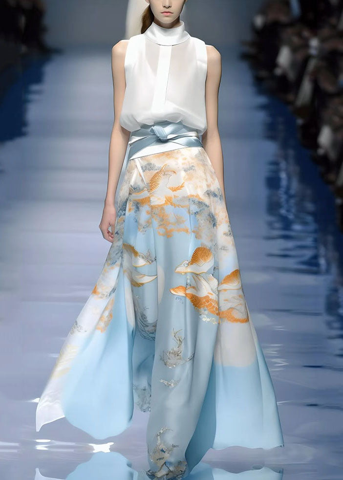Boutique Print White Shirts and Maxi Skirts Silk Two Piece Set Summer