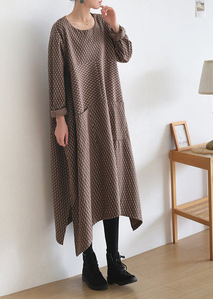 Loose Chocolate Colour O-neck Print Side Open Knit Cotton Maxi Dress Long Sleeve