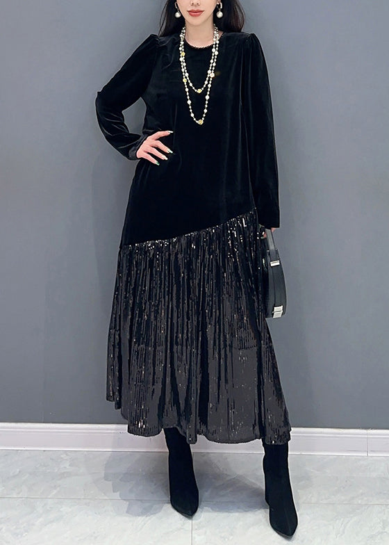 Black Wrinkled Patchwork Silk Velour Dresses O Neck Spring