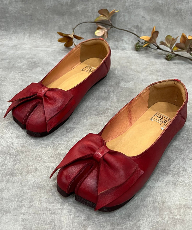 Green Bow Split Toe Cowhide Leather Flat Shoes for
