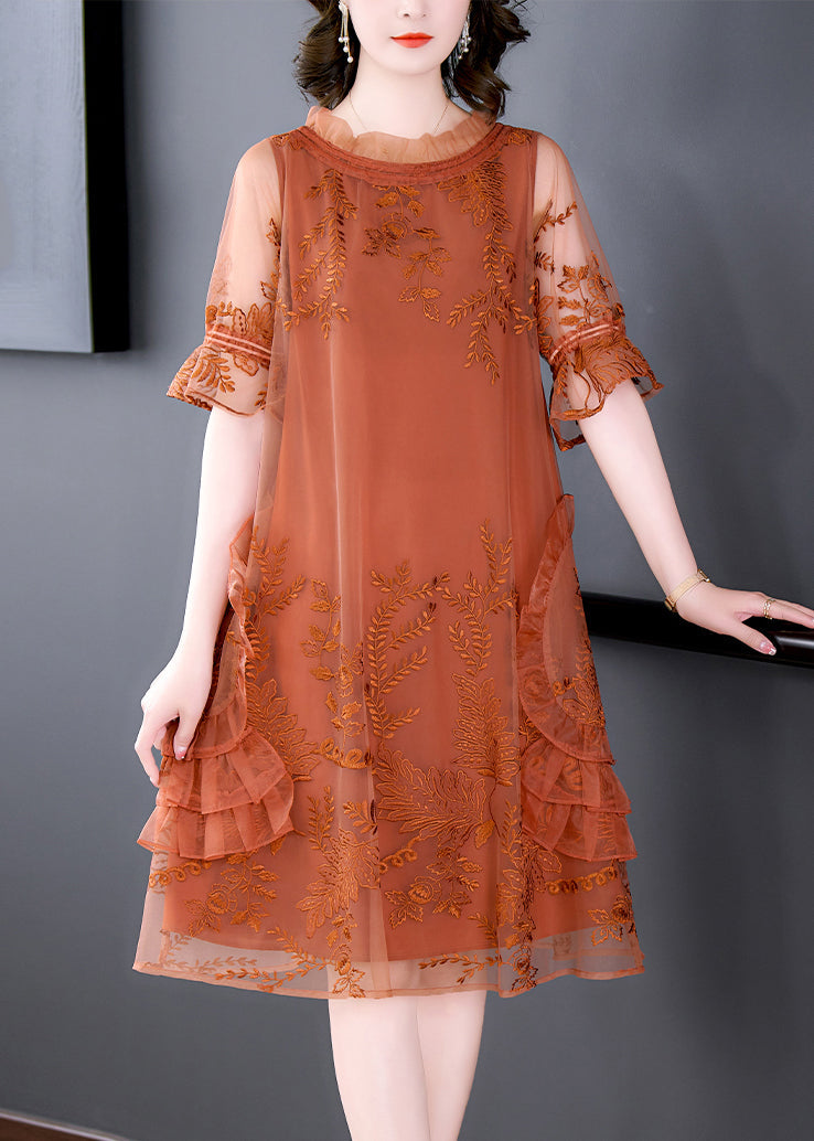 Stylish Orange Embroideried Patchwork Tulle Mid Dresses Summer