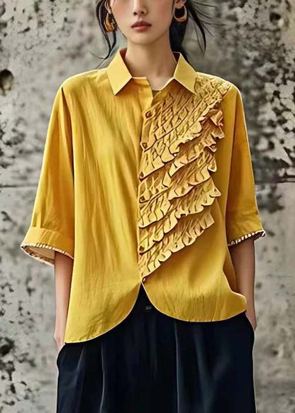 Italian Yellow Peter Pan Collar Ruffled Linen Shirt Half Sleeve