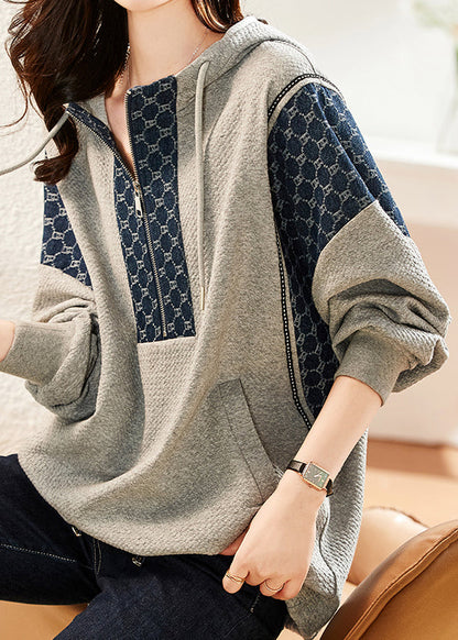Grey Zip Up Hooded Patchwork Cotton Top Fall