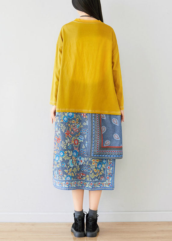 Loose Yellow O-neck Asymmetrical Sweatshirt Dresses Spring