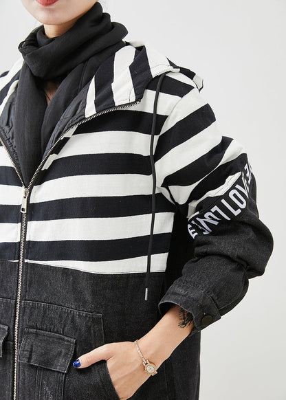 Black Hooded Patchwork Striped Fine Cotton Filled Denim Jacket Witner