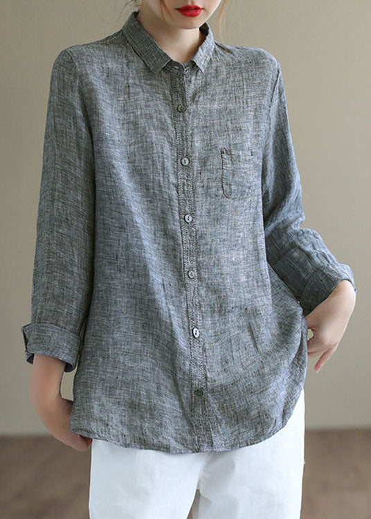 Handmade Grey Peterpan Collar Button Fall Blouses Long Sleeve