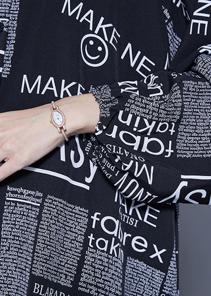 Black Oversized Letter Print Chiffon Shirt Dresses Summer