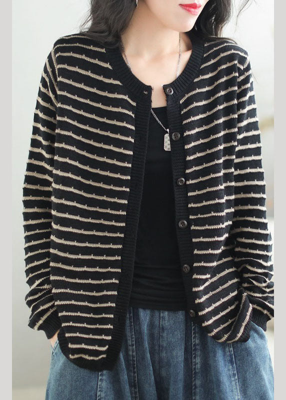 Black O-neck Striped Patchwork Button Cozy Cotton Knit Sweaters Coats Fall