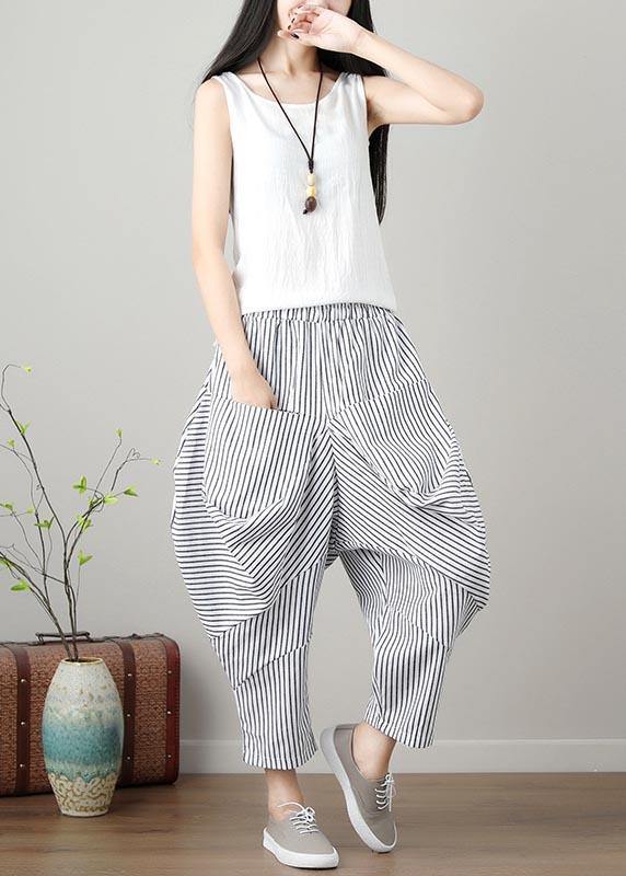 Natural Striped Drop-crotch Cotton Linen Pants Summer