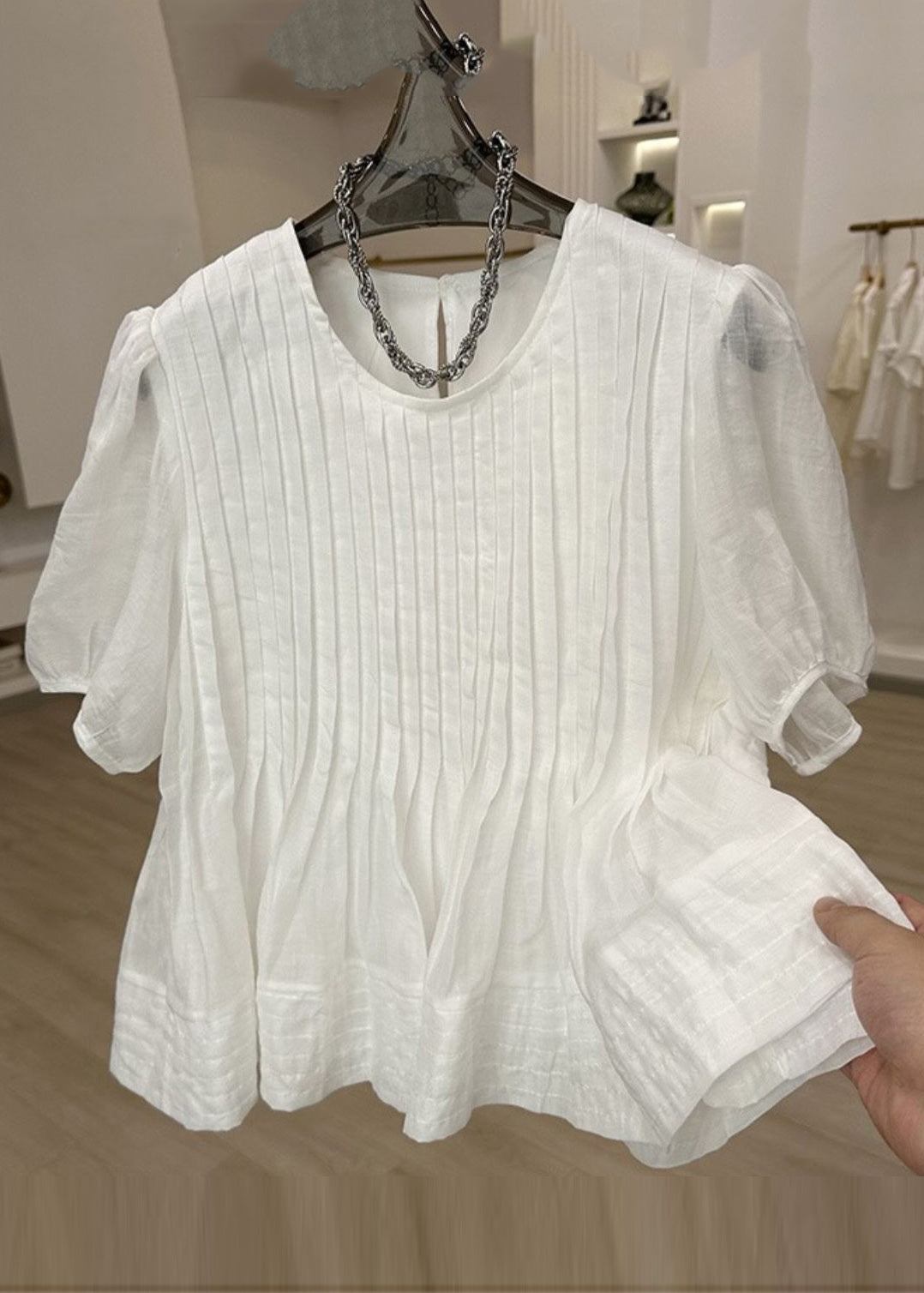 Modern White O-neck Wrinkled Patchwork Top Short Sleeve