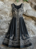 Vintage Viking Celtic Ravens Medieval Linen Maxi Dress artswardrobe