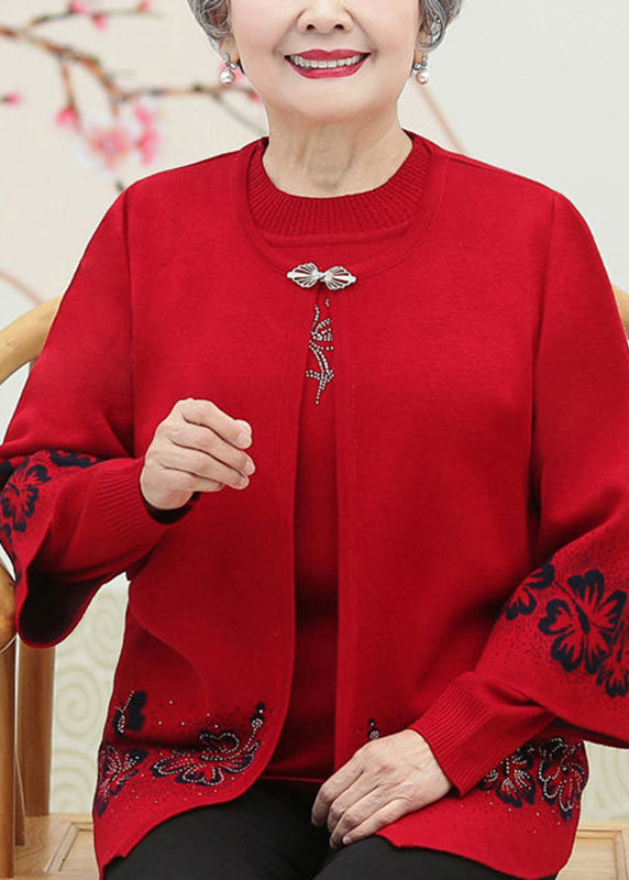 Red O-neck Zircon Cotton Knit Coats and Sweaters Two Pieces Set Fall