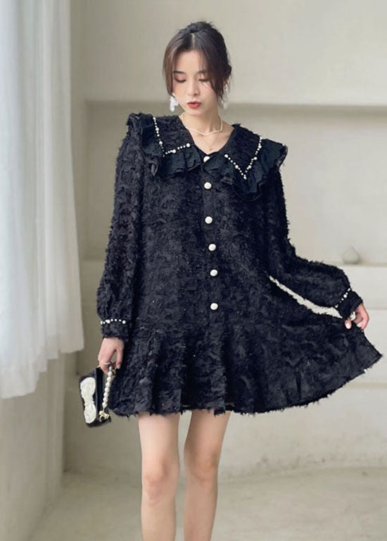 Black Peter Pan Collar Ruffled Mini Dresses Spring