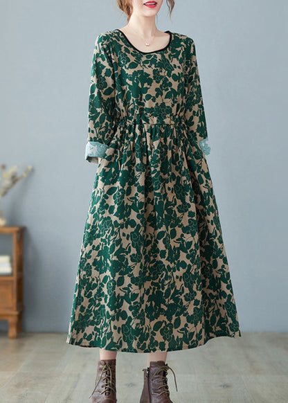 Green O-neck Print Linen Dress Spring