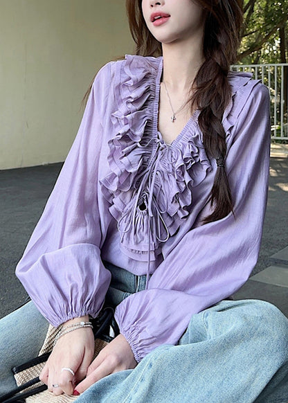 Simple Purple V Neck Ruffled Tie Lace Tops Lantern Sleeve
