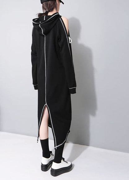 New Black Hooded Pockets Asymmetrical Design Fall Sweatshirts Dresses