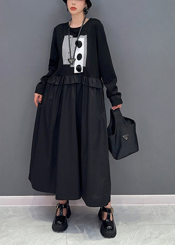 Diy Black Oversized Patchwork Ruffled Cotton Dress Spring