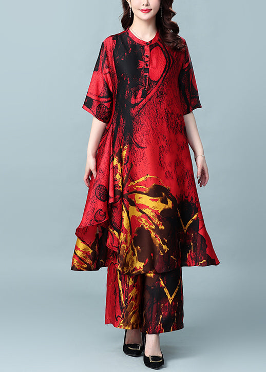 French Red Asymmetrical Design Print Silk Dress and Wide Leg Pants Two Pieces Set Summer