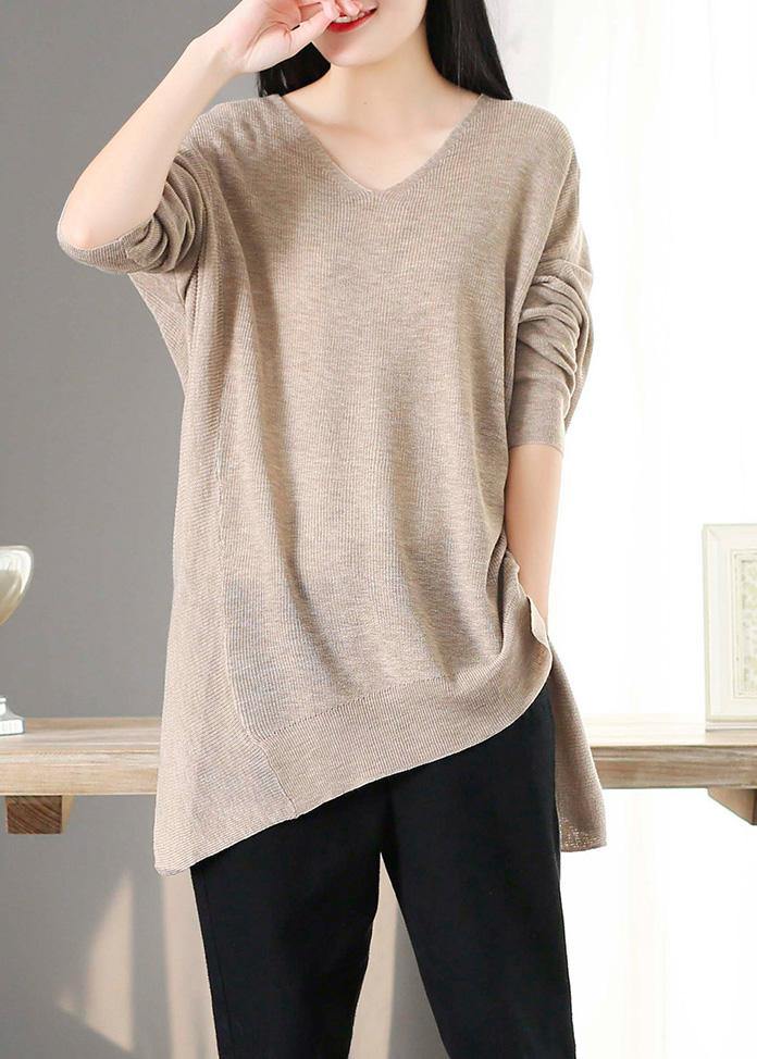 For Spring Nude Clothes V Neck Asymmetric Knit Tops