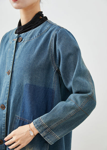 Diy Denim Blue O-neck Pockets Cotton Trench Coat Fall
