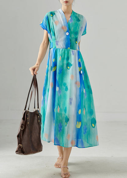 Blue Cinched Tie Dye Chiffon Dress Summer