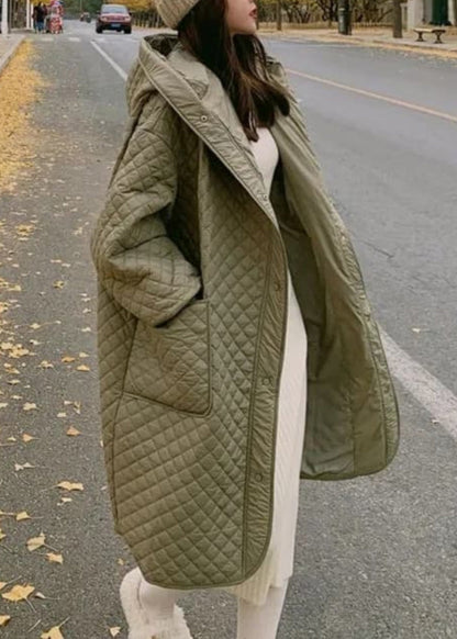 Green Hooded Pockets Fine Cotton Filled Coat Spring