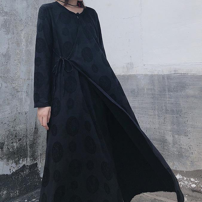 French Black Jacquard Clothes O Neck Tie Waist Long Spring Dress