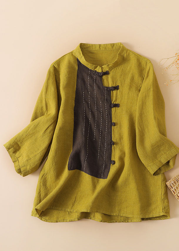 Yellow Stand Collar Patchwork Button Linen Top Bracelet Sleeve