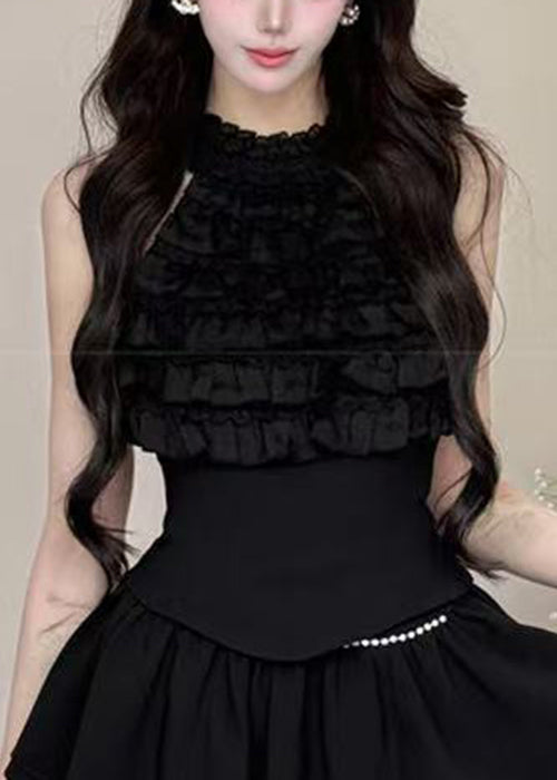 Black Ruffled Tops and Skirts Cotton Two Pieces Set Sleeveless