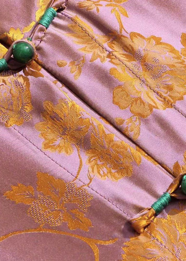 Diy Orange Stand Collar Jacquard Oriental Button Silk Shirt Tops Long Sleeve