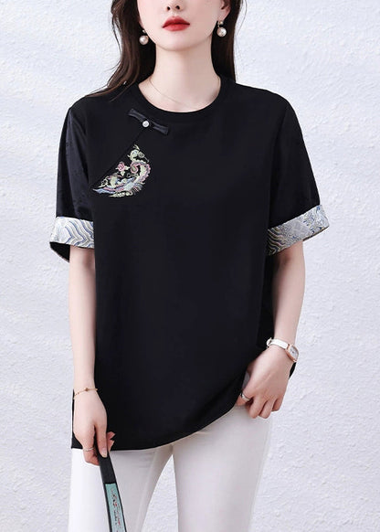 Loose Black Embroidered Patchwork Cotton Shirt Tops Summer