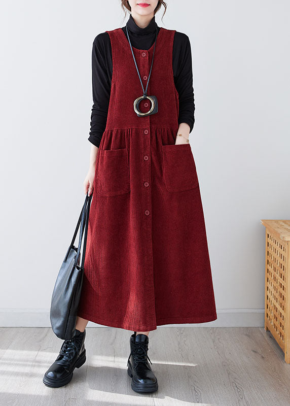 Red O-neck Patchwork Pockets Corduroy Maxi Dress Winter