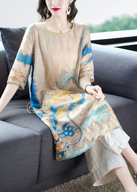 Drawstring Side Open Print Linen Long Tops Half Sleeve