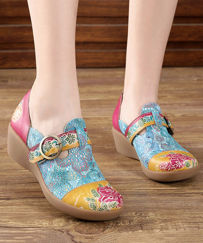 Yellow Buckle Strap Embossed Wedge High Wedge Heels Shoes